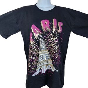 Vintage 80s Paris T-shirt L Black Single Stitch Pink Gold Foil Eiffel Tower